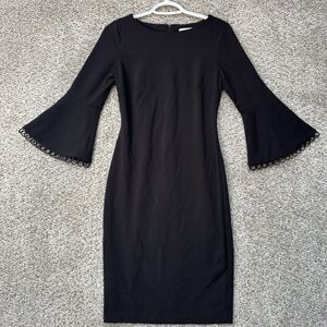 Calvin Klein Sheath Dress Women's 2 Black Bell Sleeve Stretch Scuba Boat Neck